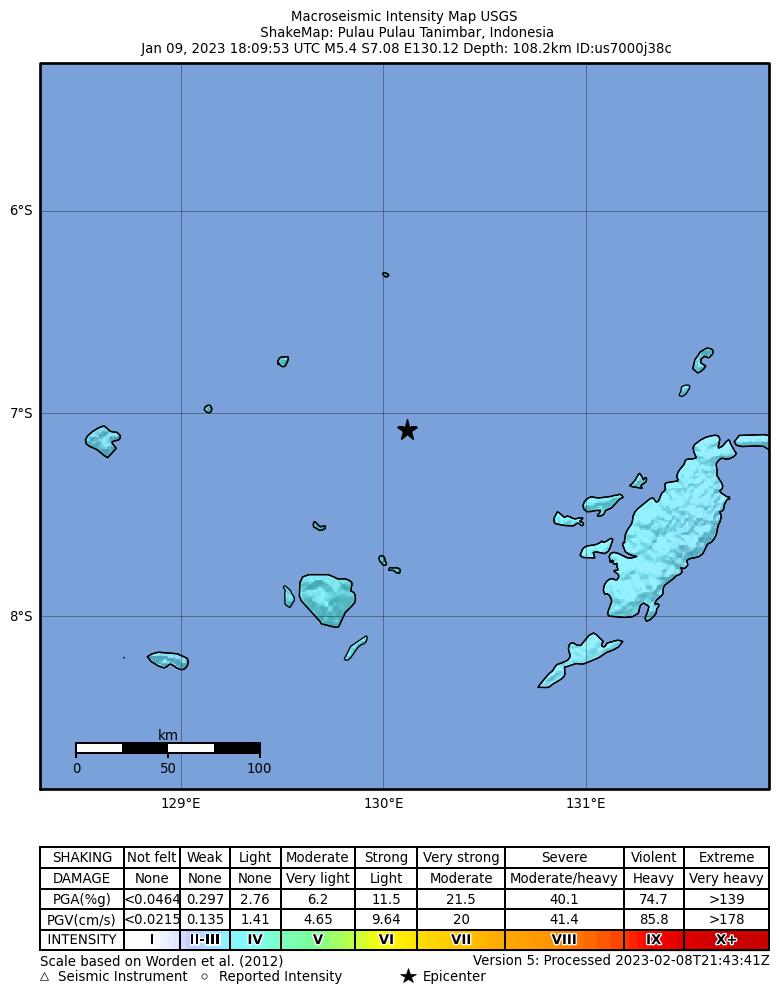 USGS ShakeMap intensity contours for the M5.4 earthquake near Pulau Pulau Tanimbar, Indonesia