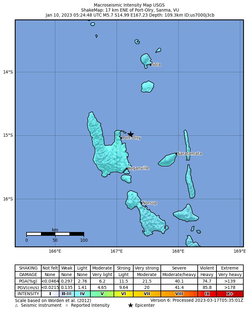 USGS ShakeMap intensity contours for the M5.7 earthquake near 17 km ENE of Port-Olry, Vanuatu