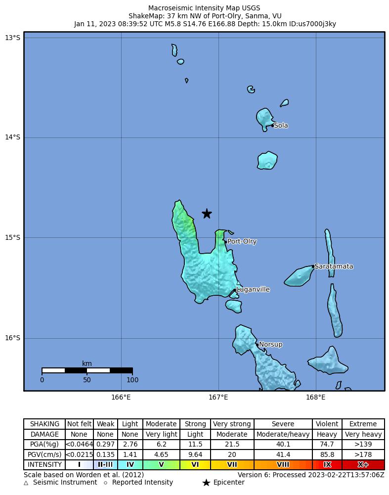 USGS ShakeMap intensity contours for the M5.8 earthquake near 37 km NW of Port-Olry, Vanuatu