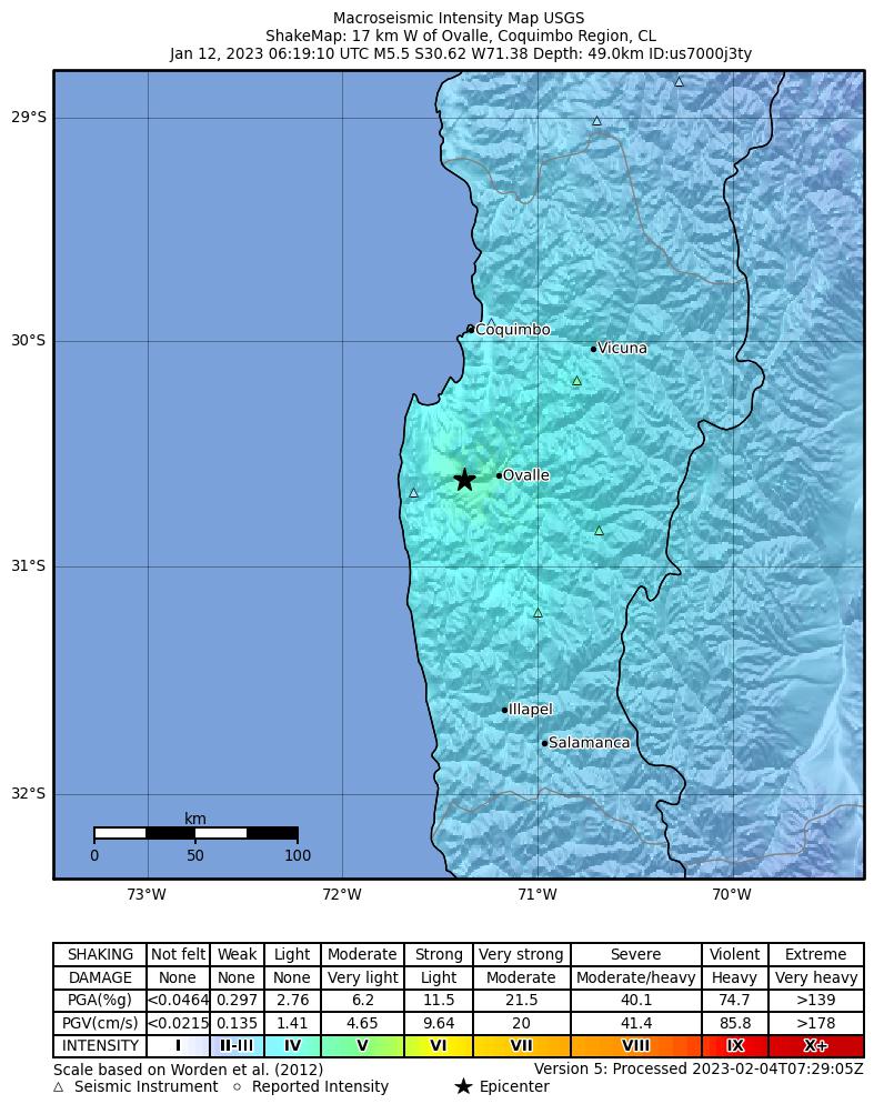 USGS ShakeMap intensity contours for the M5.5 earthquake near Near the coast of Coquimbo, Chile