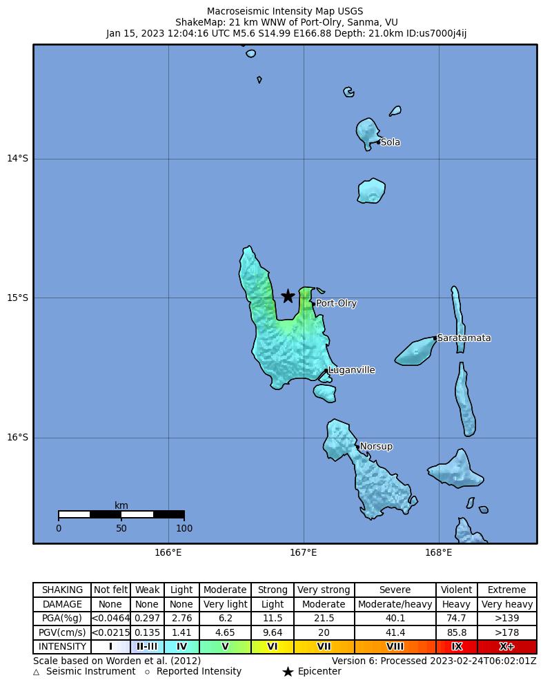 USGS ShakeMap intensity contours for the M5.6 earthquake near 21 km WNW of Port-Olry, Vanuatu