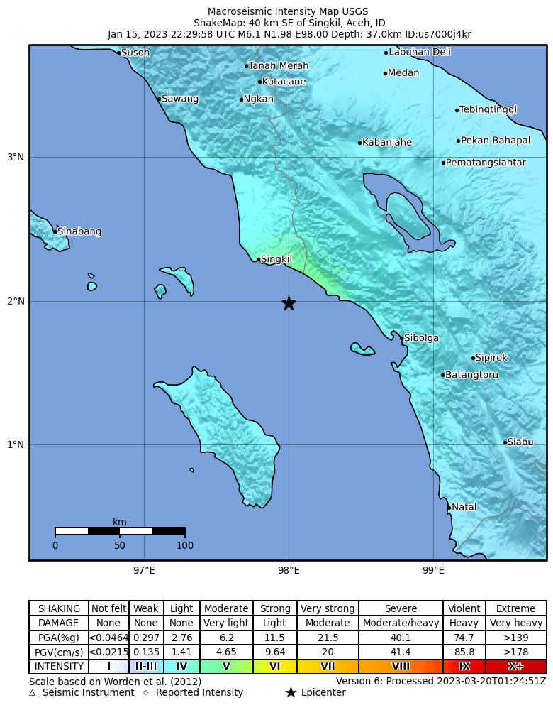 USGS ShakeMap intensity contours for the M6.1 earthquake near 40 km SE of Singkil, Indonesia