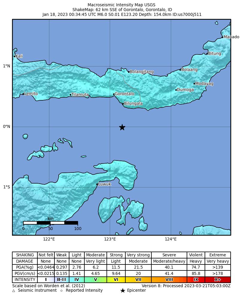 USGS ShakeMap intensity contours for the M6.0 earthquake near 62 km SSE of Gorontalo, Indonesia