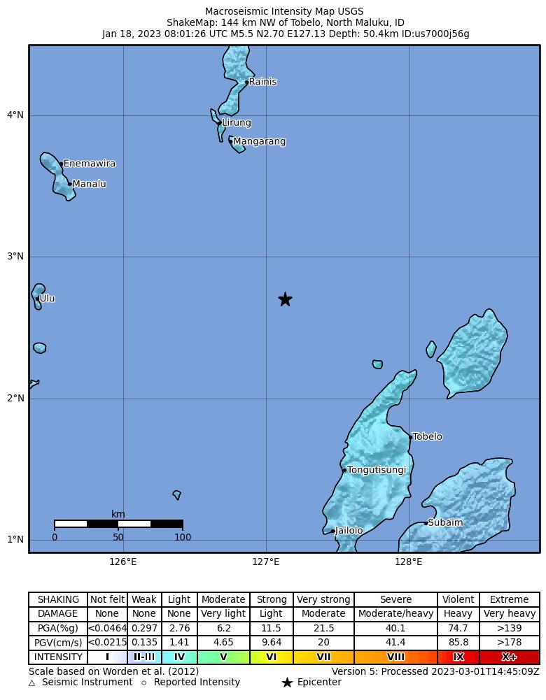 USGS ShakeMap intensity contours for the M5.5 earthquake near 144 km NW of Tobelo, Indonesia