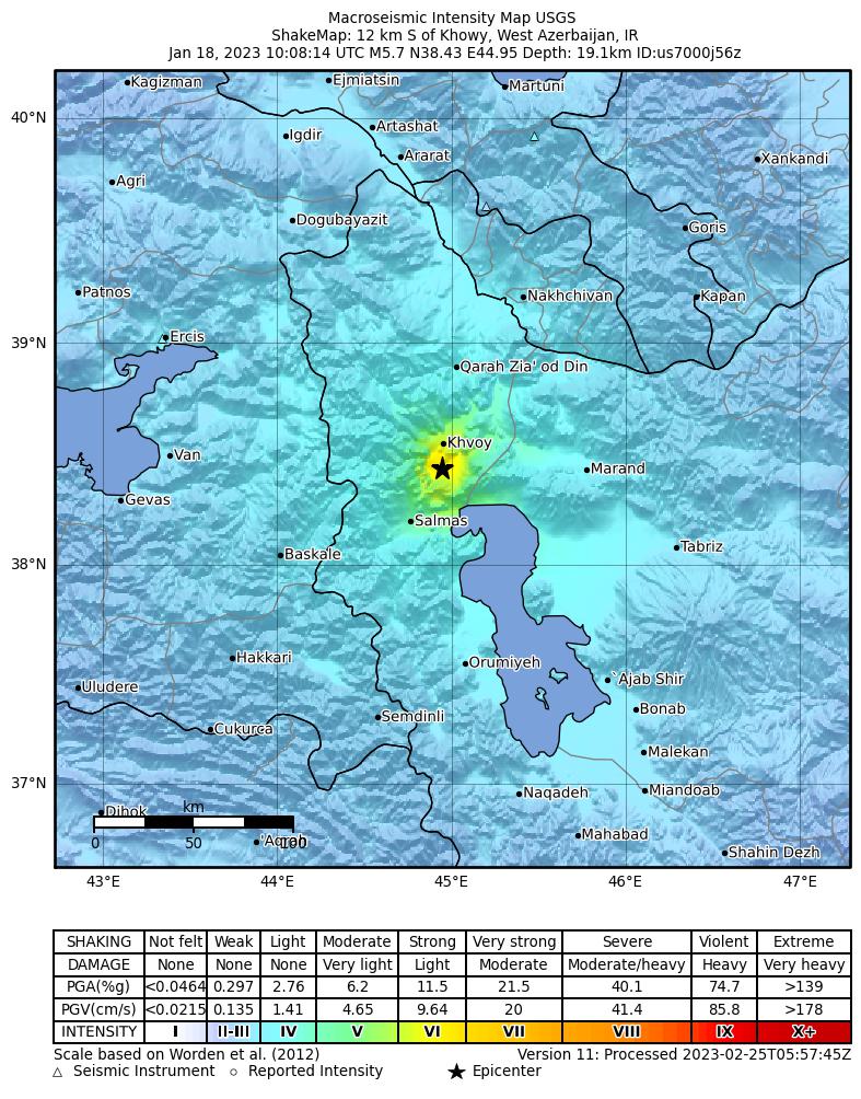 USGS ShakeMap intensity contours for the M5.7 earthquake near 12 km S of Khowy, Iran
