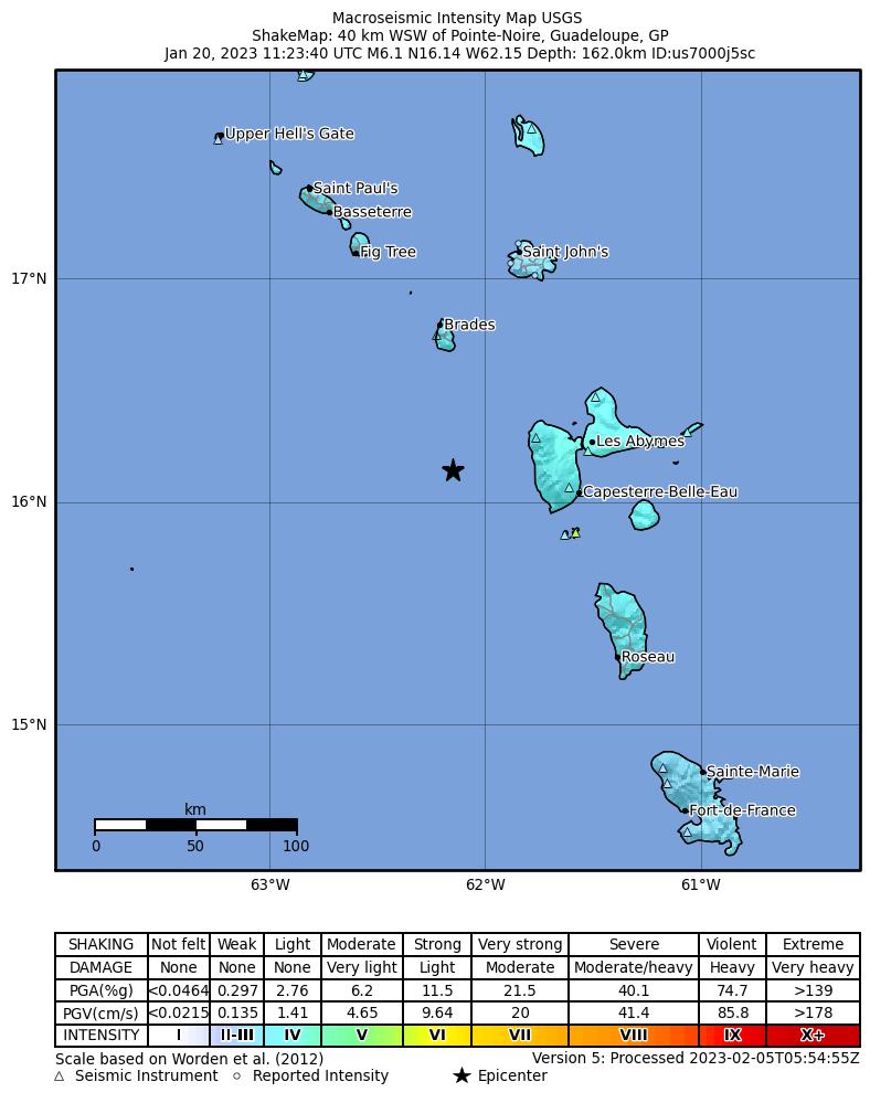 USGS ShakeMap intensity contours for the M6.1 earthquake near 40 km WSW of Pointe-Noire, Guadeloupe