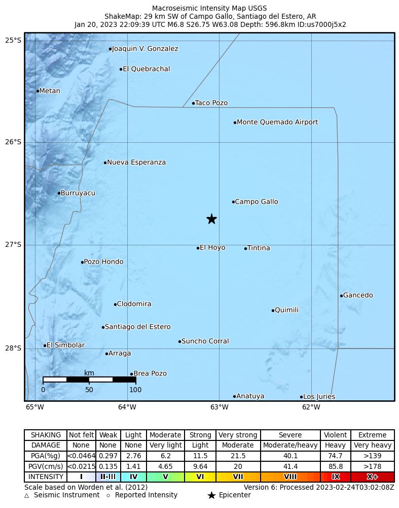 USGS ShakeMap intensity contours for the M6.8 earthquake near 29 km SW of Campo Gallo, Argentina