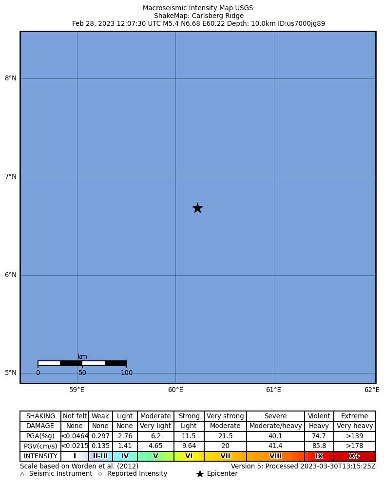USGS ShakeMap intensity contours for the M5.4 earthquake near Carlsberg Ridge