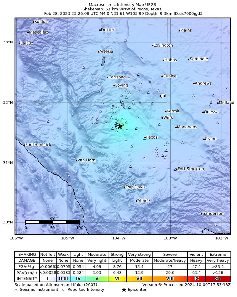 USGS ShakeMap intensity contours for the M4.1 earthquake near 37 km NNW of Toyah, Texas