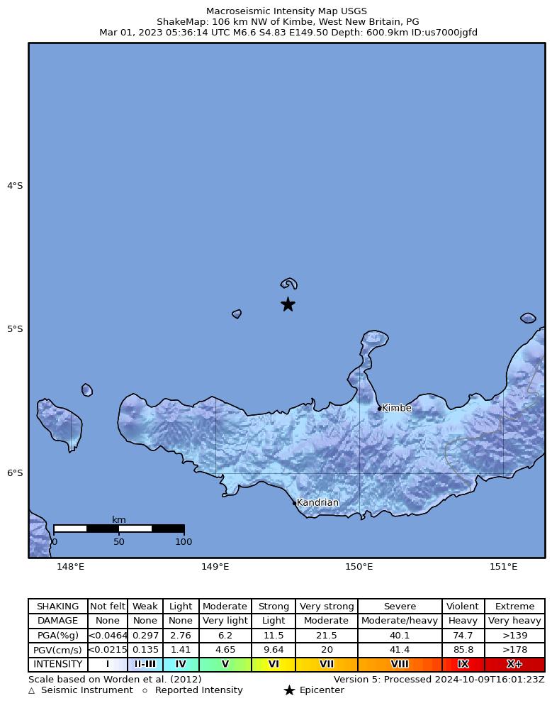 USGS ShakeMap intensity contours for the M6.6 earthquake near 106 km NW of Kimbe, Papua New Guinea