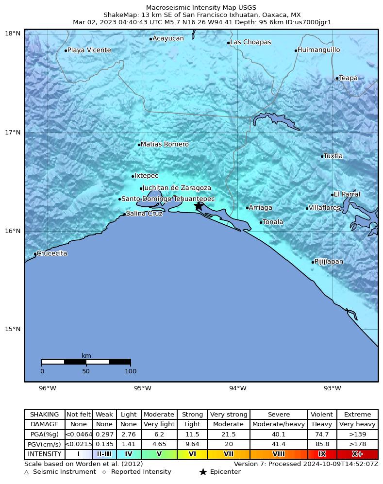 USGS ShakeMap intensity contours for the M5.7 earthquake near Oaxaca, Mexico