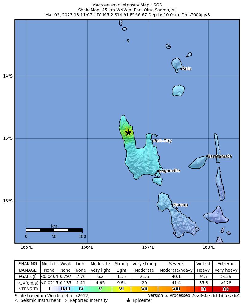 USGS ShakeMap intensity contours for the M5.2 earthquake near 45 km WNW of Port-Olry, Vanuatu