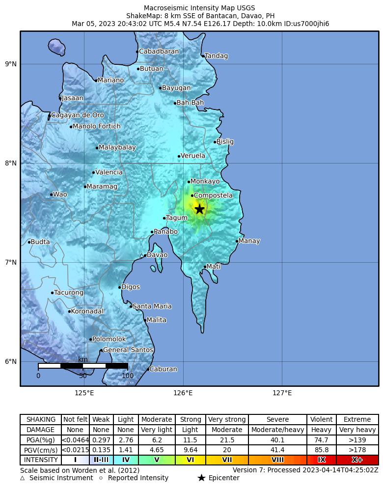 USGS ShakeMap intensity contours for the M5.4 earthquake near 10 km SSE of Bantacan, Philippines