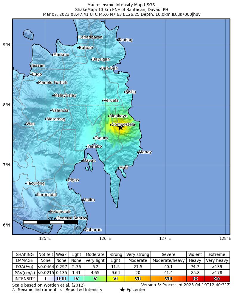 USGS ShakeMap intensity contours for the M5.6 earthquake near 13 km ENE of Bantacan, Philippines