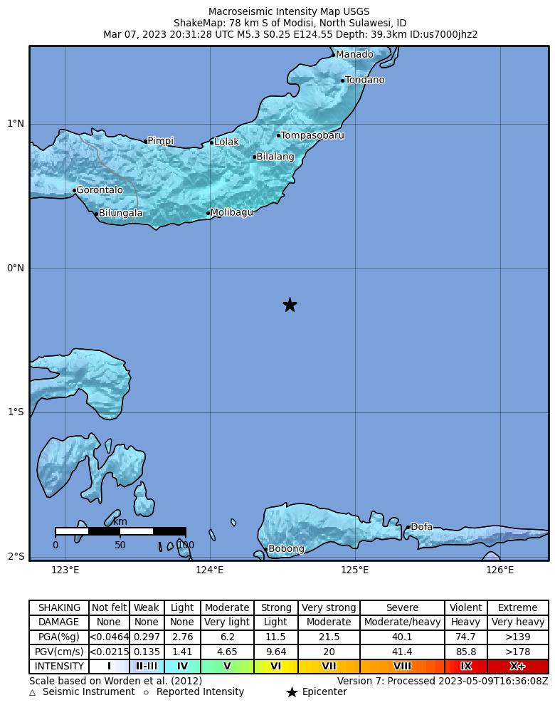 USGS ShakeMap intensity contours for the M5.3 earthquake near 78 km S of Modisi, Indonesia