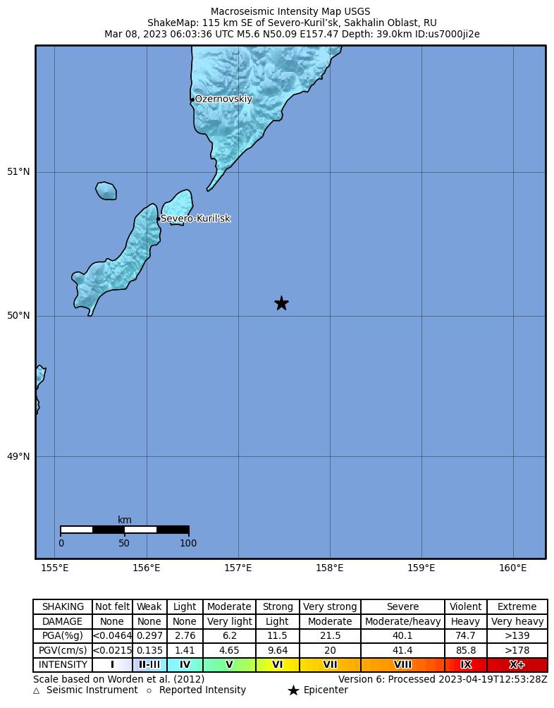 USGS ShakeMap intensity contours for the M5.6 earthquake near 115 km SE of Severo-Kuril’sk, Russia