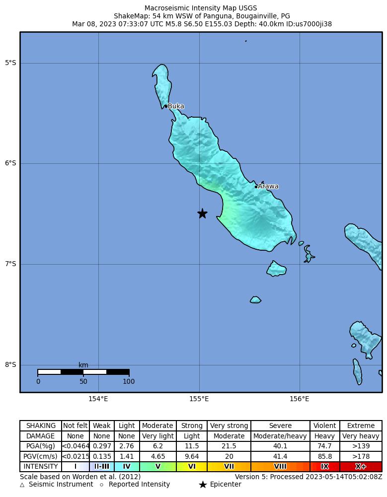 USGS ShakeMap intensity contours for the M5.8 earthquake near 54 km WSW of Panguna, Papua New Guinea