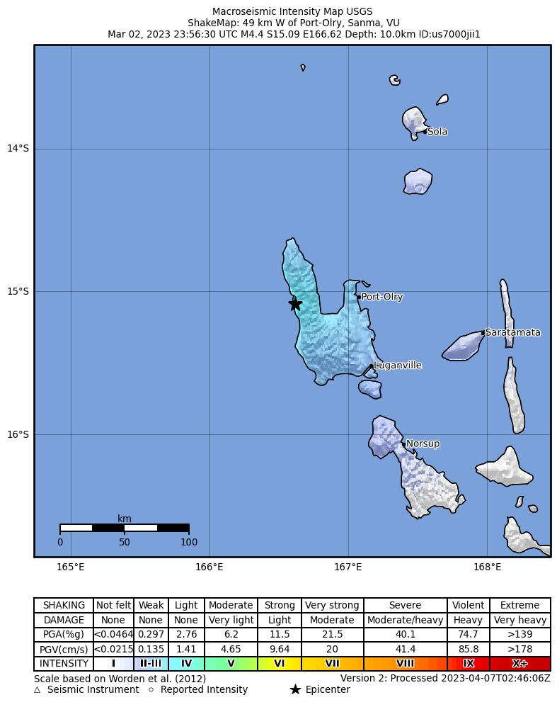 USGS ShakeMap intensity contours for the M4.4 earthquake near 49 km W of Port-Olry, Vanuatu