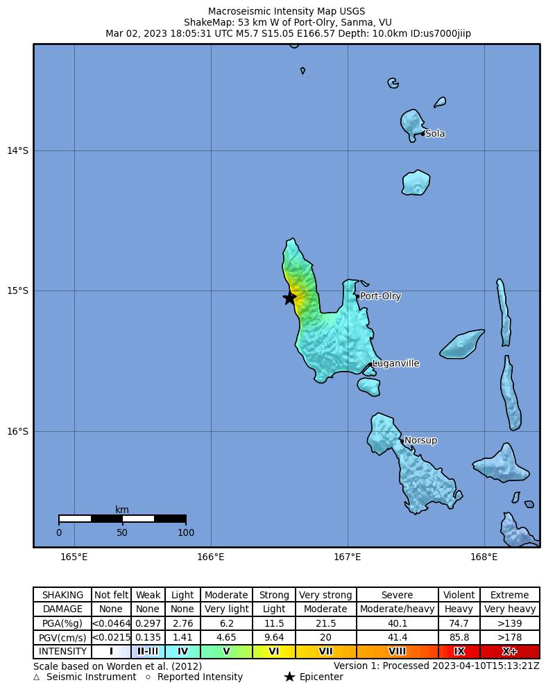 USGS ShakeMap intensity contours for the M5.7 earthquake near 53 km W of Port-Olry, Vanuatu