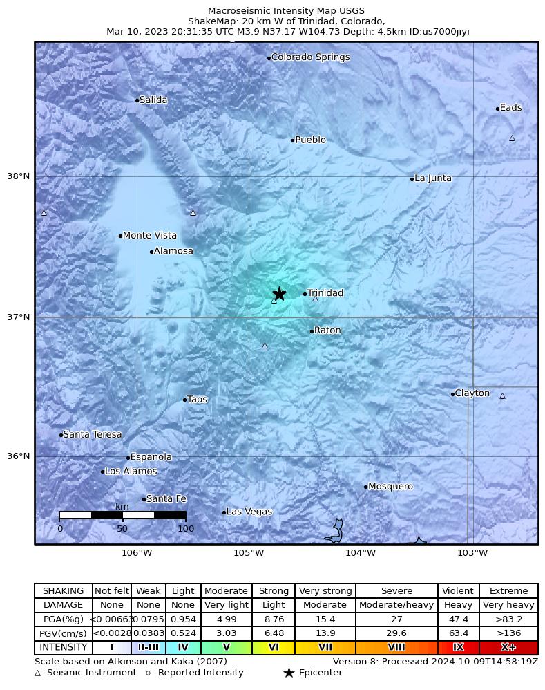 USGS ShakeMap intensity contours for the M3.9 earthquake near 5 km N of Sequndo, Colorado