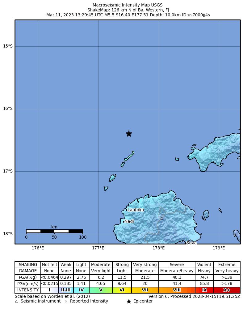 USGS ShakeMap intensity contours for the M5.5 earthquake near 126 km N of Ba, Fiji
