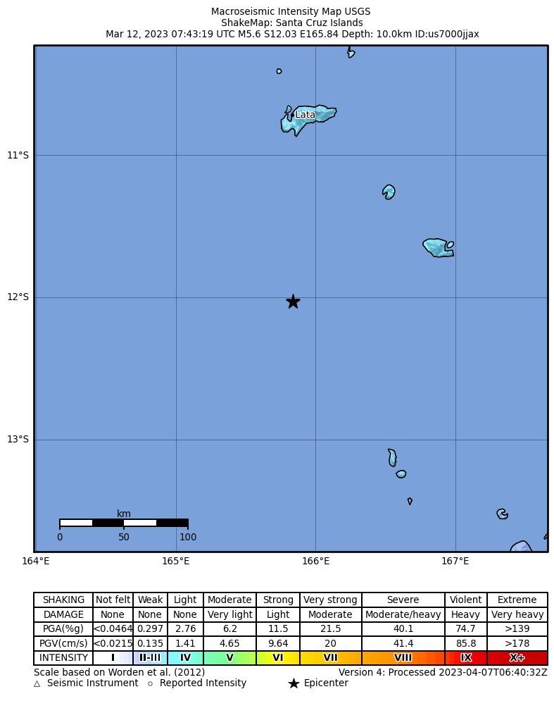 USGS ShakeMap intensity contours for the M5.6 earthquake near 144 km S of Lata, Solomon Islands