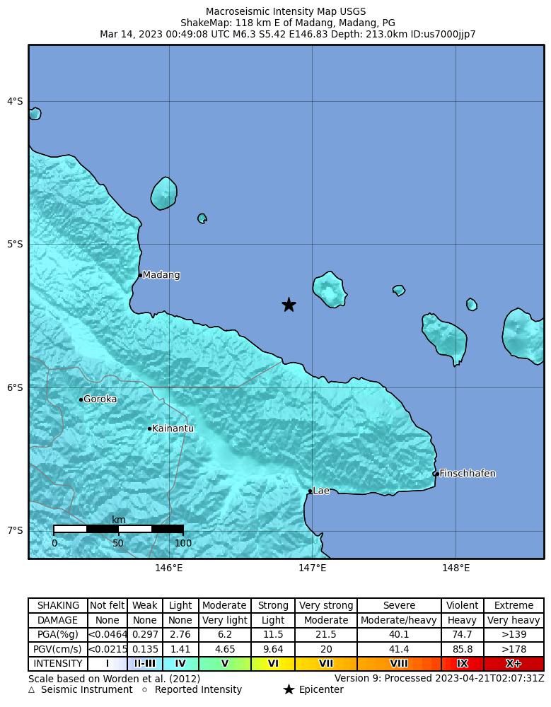 USGS ShakeMap intensity contours for the M6.3 earthquake near 118 km E of Madang, Papua New Guinea
