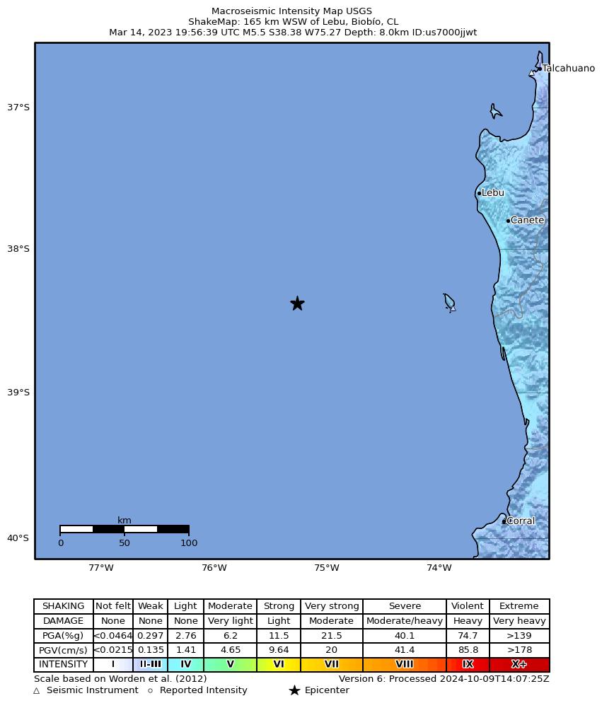 USGS ShakeMap intensity contours for the M5.5 earthquake near 165 km WSW of Lebu, Chile