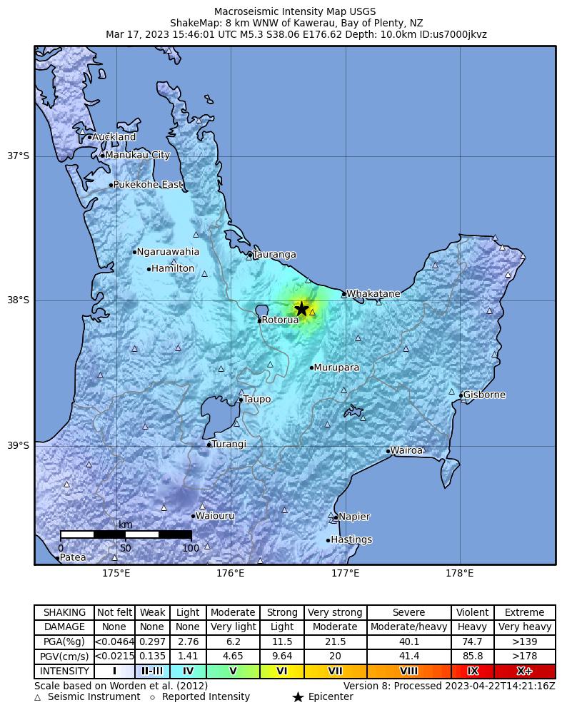 USGS ShakeMap intensity contours for the M5.3 earthquake near 8 km WNW of Kawerau, New Zealand
