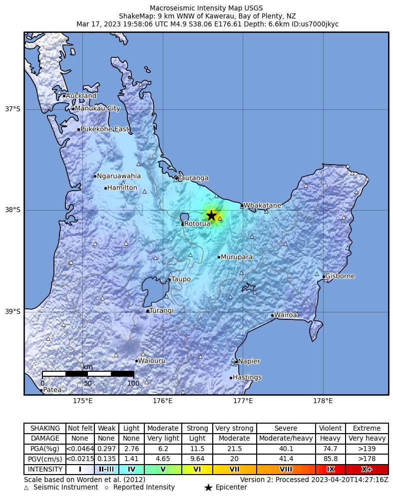 USGS ShakeMap intensity contours for the M4.9 earthquake near 9 km WNW of Kawerau, New Zealand