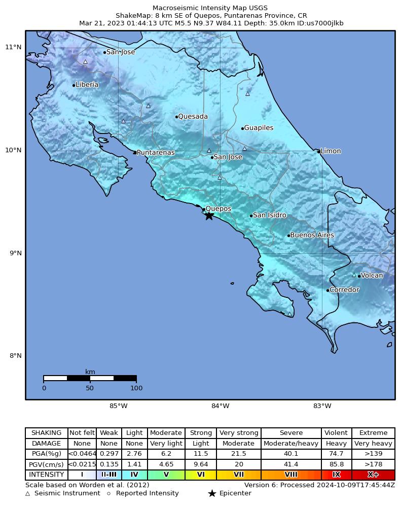 USGS ShakeMap intensity contours for the M5.5 earthquake near 8 km SE of Quepos, Costa Rica
