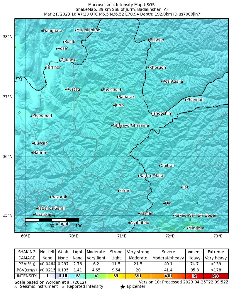 USGS ShakeMap intensity contours for the M6.5 earthquake near 40 km SSE of Jurm, Afghanistan