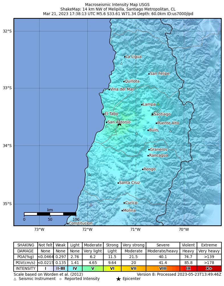USGS ShakeMap intensity contours for the M5.6 earthquake near 14 km NW of Melipilla, Chile