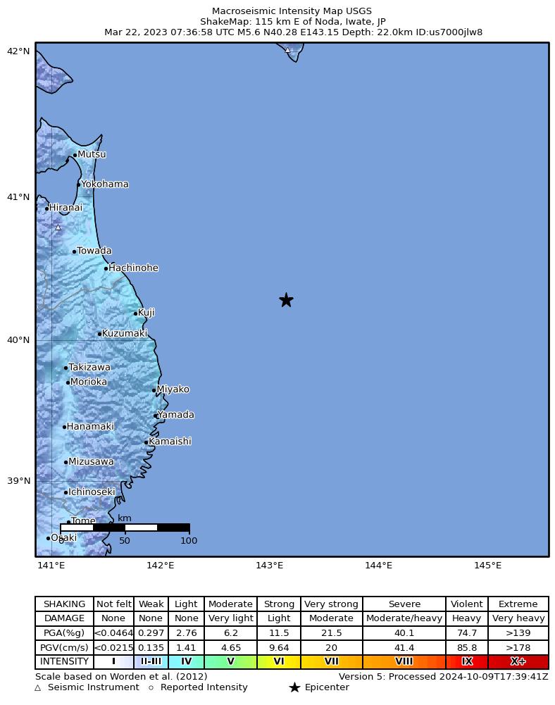 USGS ShakeMap intensity contours for the M5.6 earthquake near 115 km E of Noda, Japan