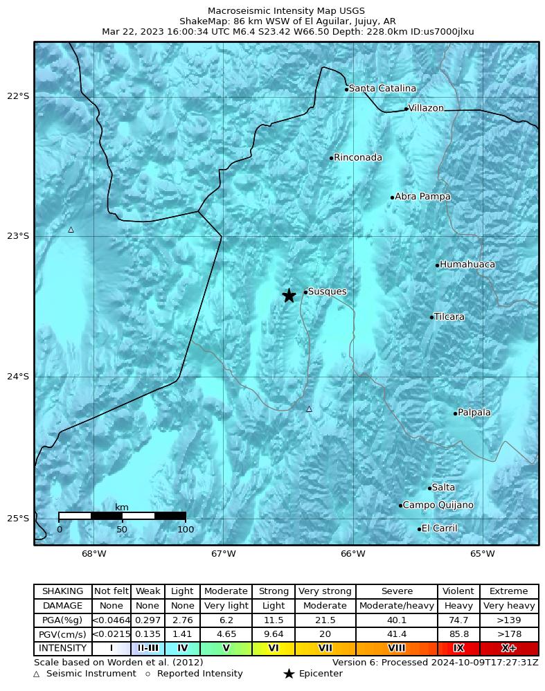 USGS ShakeMap intensity contours for the M6.4 earthquake near 86 km WSW of El Aguilar, Argentina