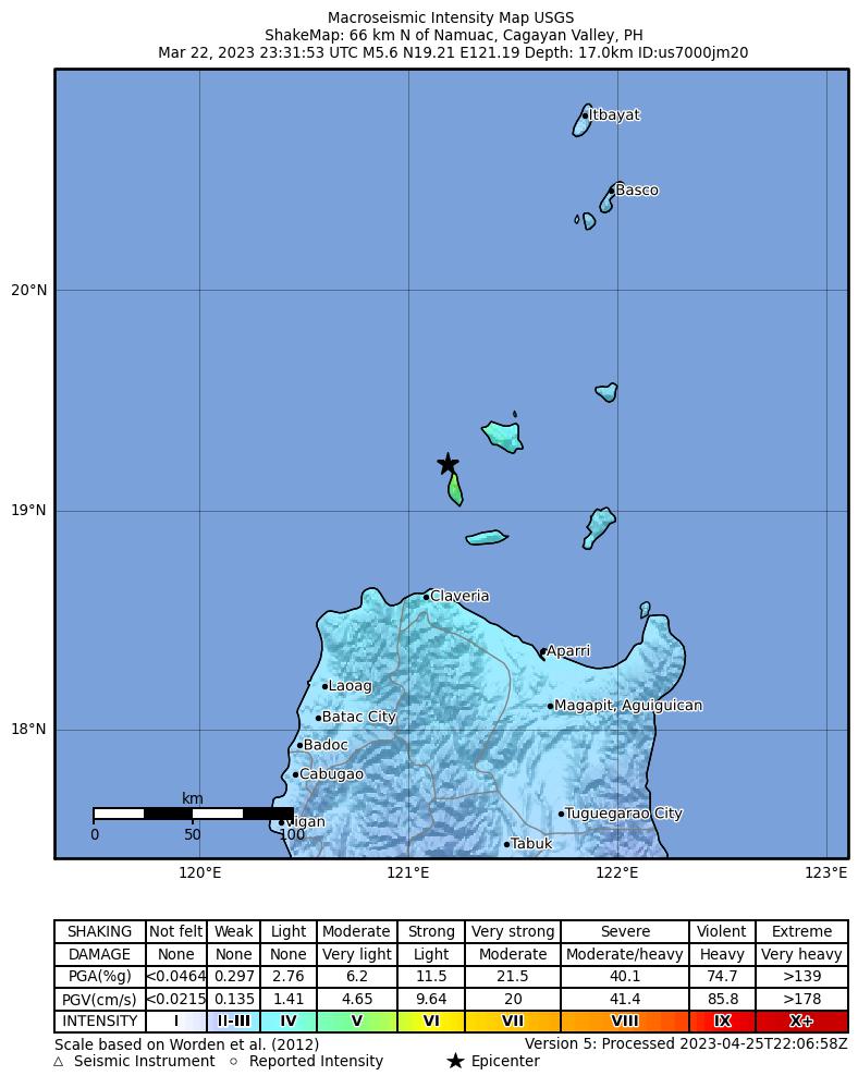 USGS ShakeMap intensity contours for the M5.6 earthquake near 66 km N of Namuac, Philippines