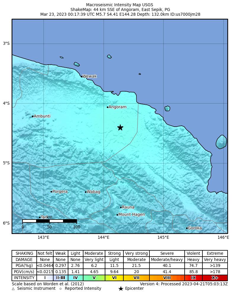 USGS ShakeMap intensity contours for the M5.7 earthquake near 45 km SSE of Angoram, Papua New Guinea