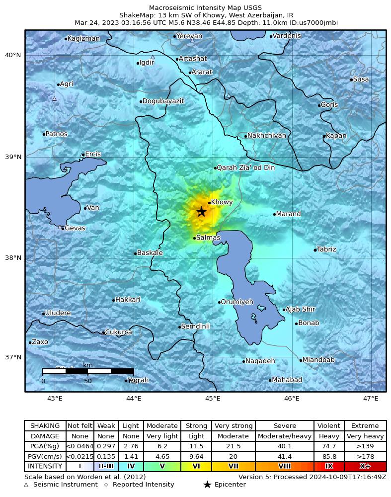 USGS ShakeMap intensity contours for the M5.6 earthquake near 13 km SW of Khowy, Iran