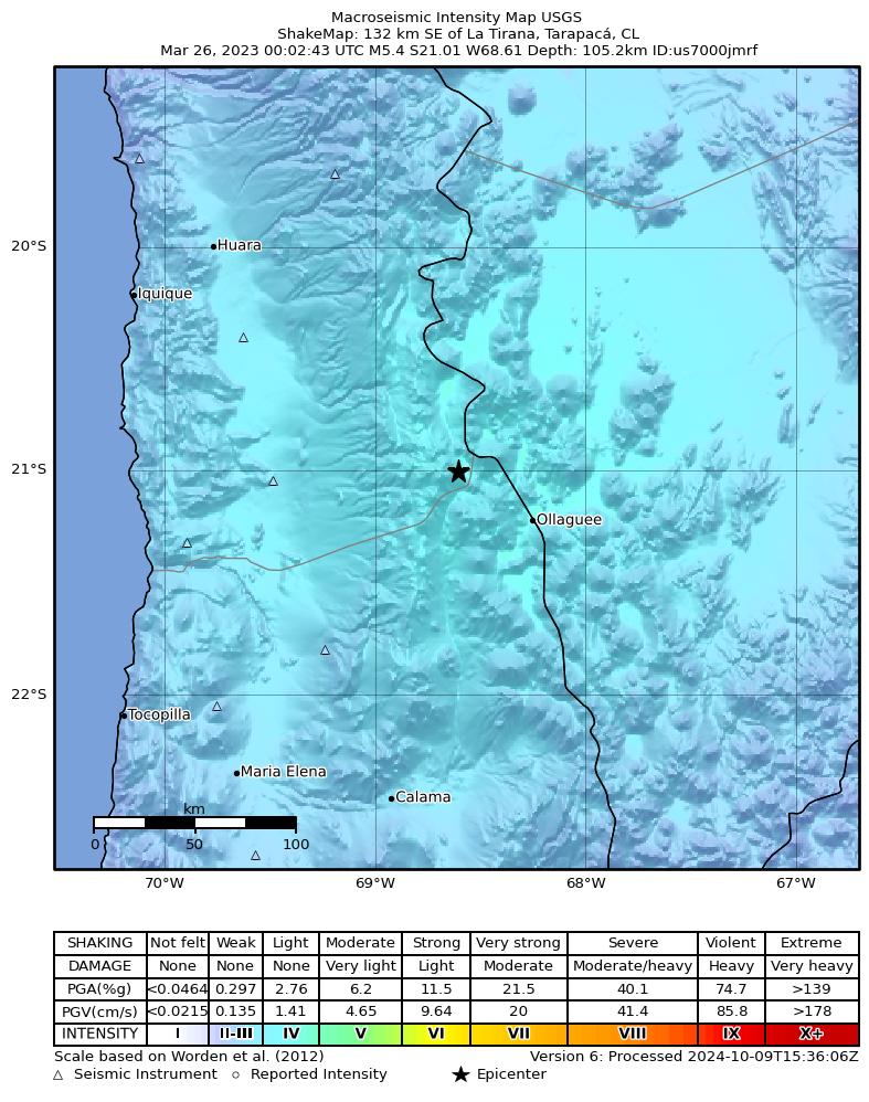 USGS ShakeMap intensity contours for the M5.4 earthquake near 161 km N of Calama, Chile