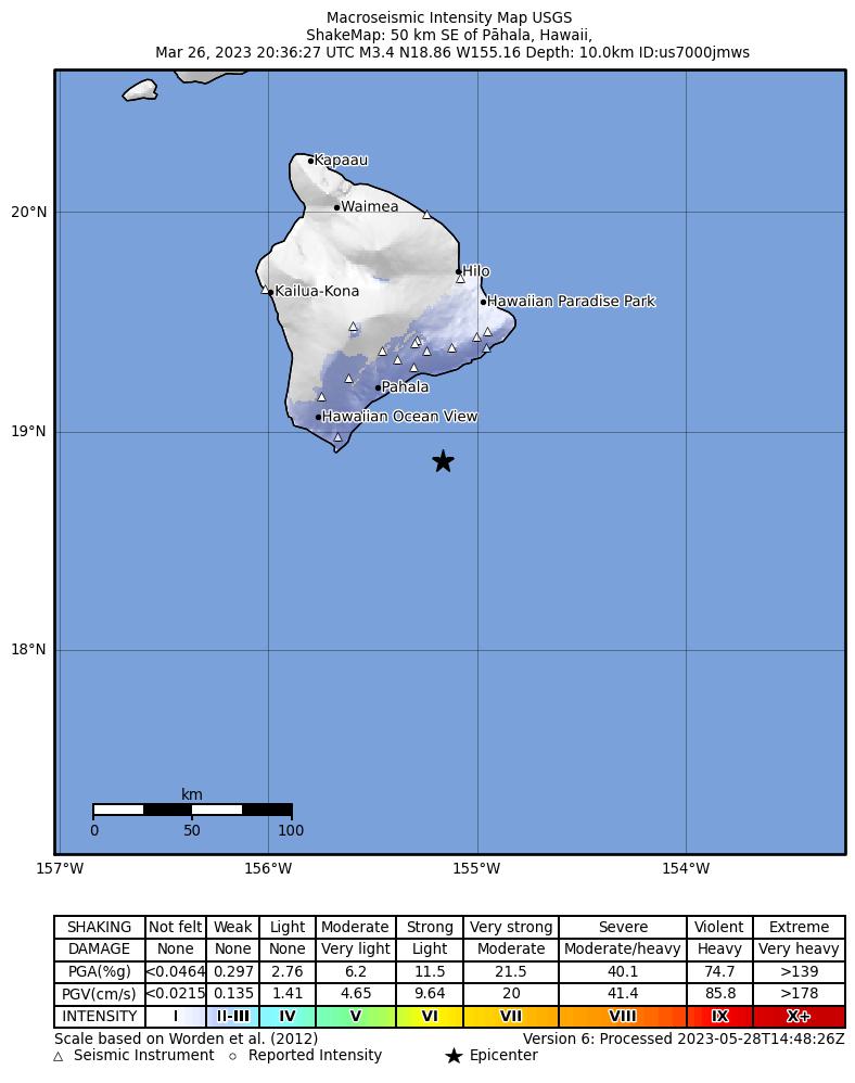 USGS ShakeMap intensity contours for the M3.2 earthquake near 46 km ESE of Naalehu, Hawaii