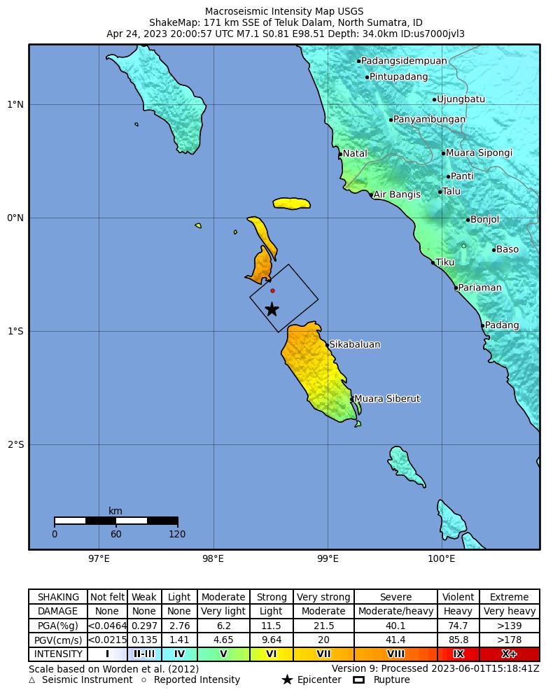 USGS ShakeMap intensity contours for the M7.1 earthquake near 171 km SSE of Teluk Dalam, Indonesia
