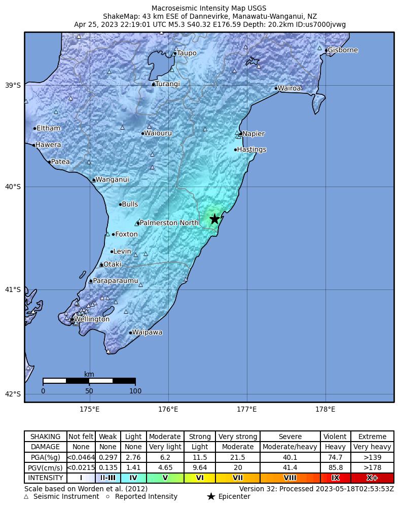 USGS ShakeMap intensity contours for the M5.3 earthquake near North Island of New Zealand