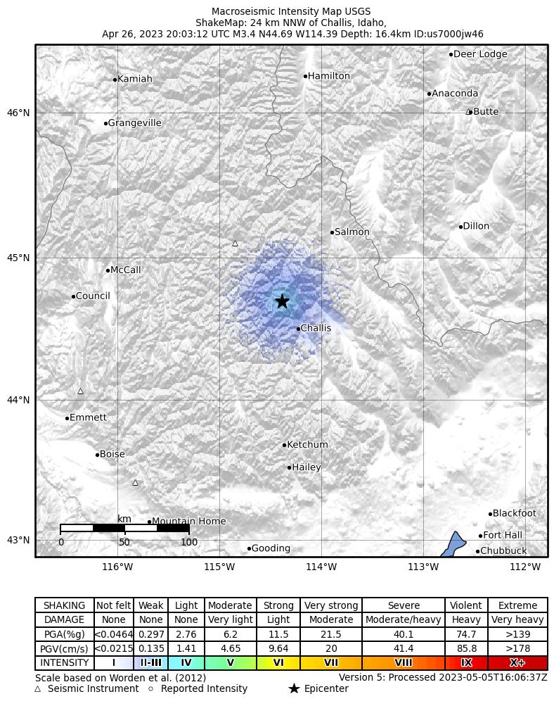 USGS ShakeMap intensity contours for the M3.4 earthquake near 24 km NNW of Challis, Idaho