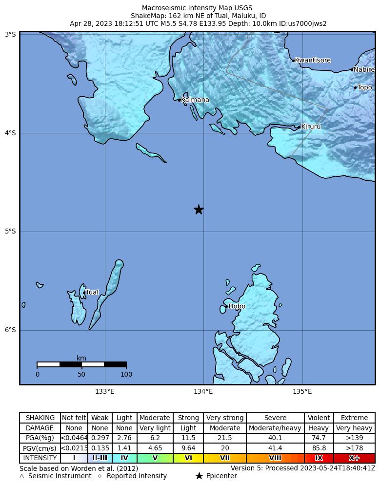 USGS ShakeMap intensity contours for the M5.5 earthquake near 162 km NE of Tual, Indonesia