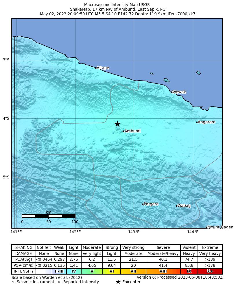 USGS ShakeMap intensity contours for the M5.5 earthquake near 17 km NW of Ambunti, Papua New Guinea