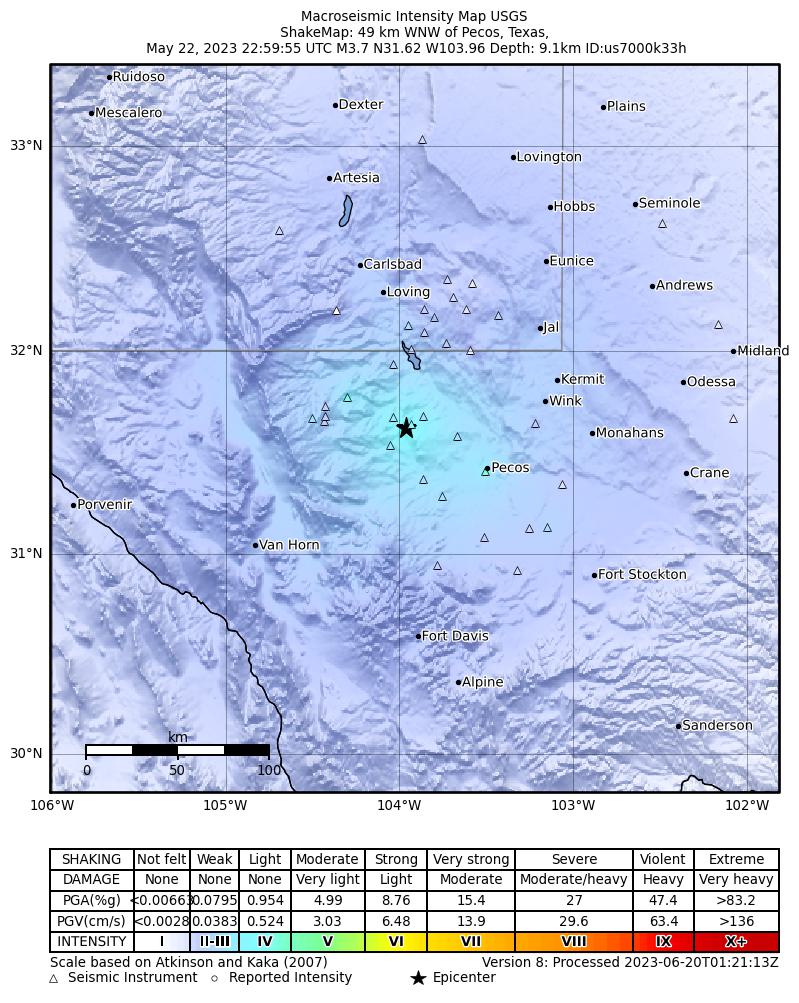 USGS ShakeMap intensity contours for the M3.9 earthquake near 37 km NNW of Toyah, Texas