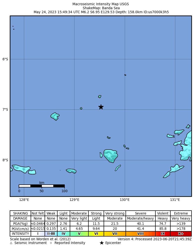 USGS ShakeMap intensity contours for the M6.2 earthquake near Banda Sea