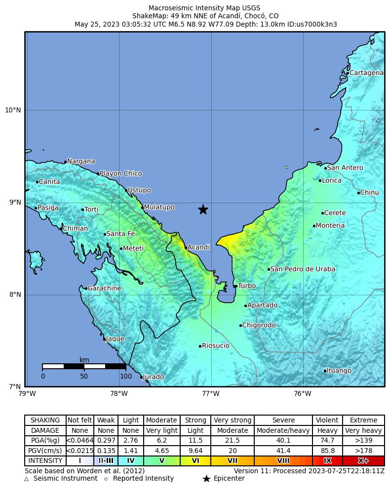 USGS ShakeMap intensity contours for the M6.5 earthquake near 45 km NE of Puerto Obaldía, Panama
