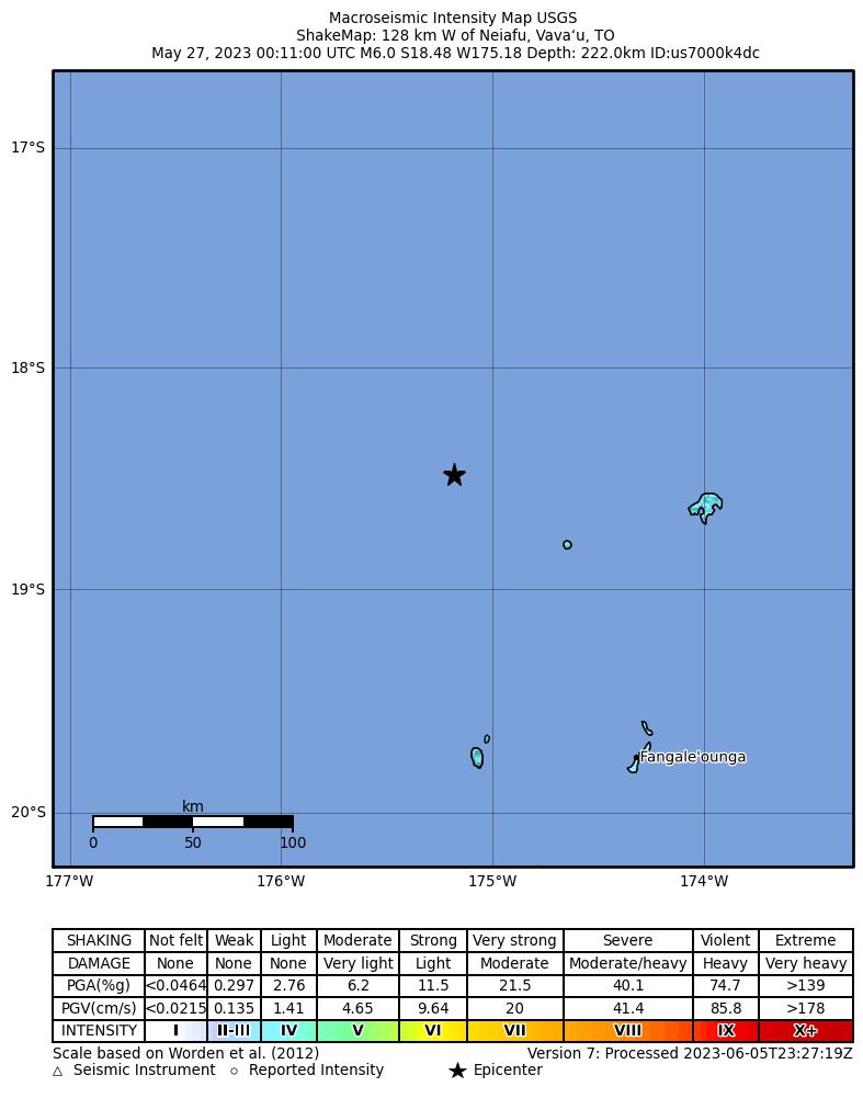 USGS ShakeMap intensity contours for the M6.0 earthquake near Tonga