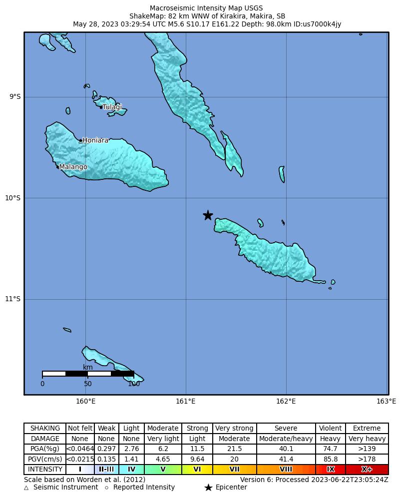 USGS ShakeMap intensity contours for the M5.6 earthquake near 82 km WNW of Kirakira, Solomon Islands